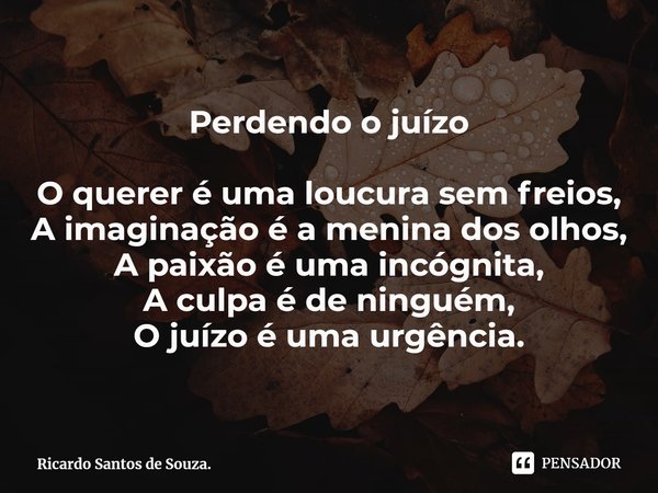 Perdendo o juízo O querer é uma loucura sem freios,
A imaginação é a menina dos olhos,
A paixão é uma incógnita,
⁠A culpa é de ninguém,
O juízo é uma urgência.... Frase de Ricardo Santos de Souza..