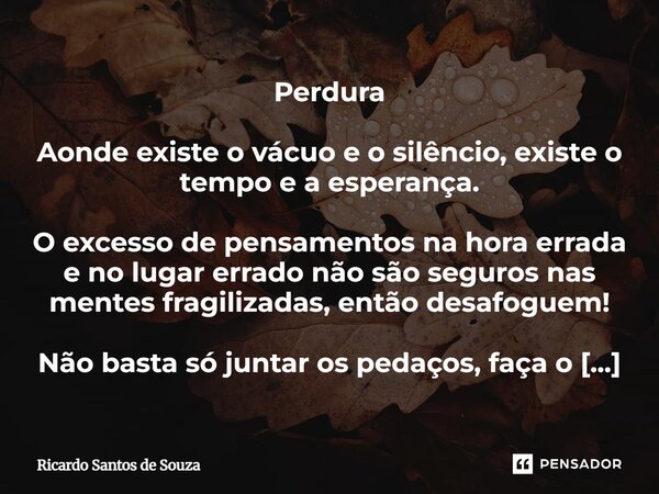 Perdura Aonde existe o vácuo e o silêncio, existe o tempo e a esperança. O excesso de pensamentos na hora errada e no lugar errado não são seguros nas mentes f... Frase de RICARDO SANTOS DE SOUZA.