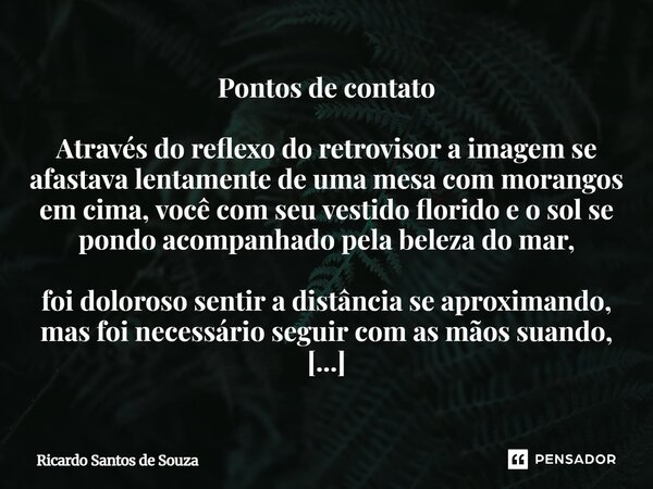 Pontos de contato Através do reflexo do retrovisor a imagem se afastava lentamente de uma mesa com morangos em cima, você com seu vestido florido e o sol se po... Frase de RICARDO SANTOS DE SOUZA.