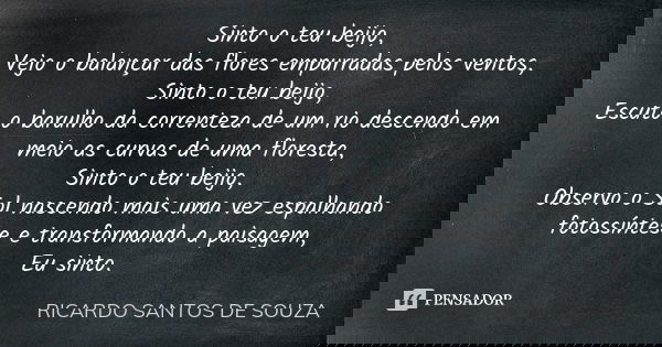 Sinto o teu beijo, Vejo o balançar das flores empurradas pelos ventos, Sinto o teu beijo, Escuto o barulho da correnteza de um rio descendo em meio as curvas de... Frase de RICARDO SANTOS DE SOUZA.