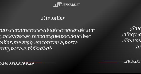 Um olhar Quando o momento é vivido através de um olhar, as palavras se tornam apenas detalhes. Em teu olhar me vejo, encontrei a porta aberta para a felicidade.... Frase de RICARDO SANTOS DE SOUZA.