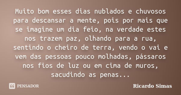 Muito bom esses dias nublados e chuvosos para descansar a mente, pois por mais que se imagine um dia feio, na verdade estes nos trazem paz, olhando para a rua, ... Frase de Ricardo Simas.