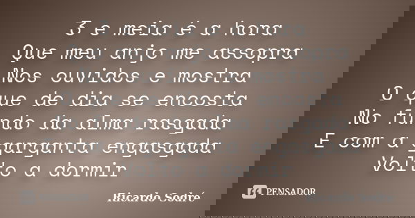 3 e meia é a hora Que meu anjo me assopra Nos ouvidos e mostra O que de dia se encosta No fundo da alma rasgada E com a garganta engasgada Volto a dormir... Frase de Ricardo Sodré.