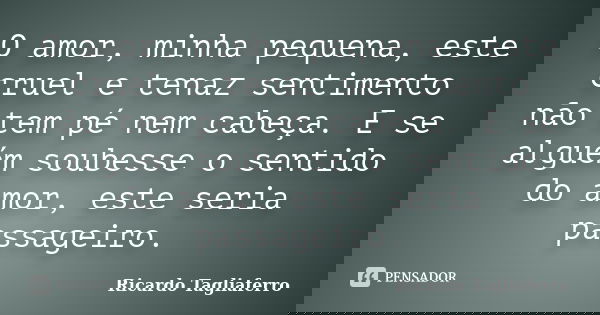 O amor, minha pequena, este cruel e tenaz sentimento não tem pé nem cabeça. E se alguém soubesse o sentido do amor, este seria passageiro.... Frase de Ricardo Tagliaferro.