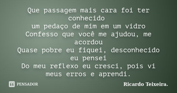 Que passagem mais cara foi ter conhecido um pedaço de mim em um vidro Confesso que você me ajudou, me acordou Quase pobre eu fiquei, desconhecido eu pensei Do m... Frase de Ricardo Teixeira.