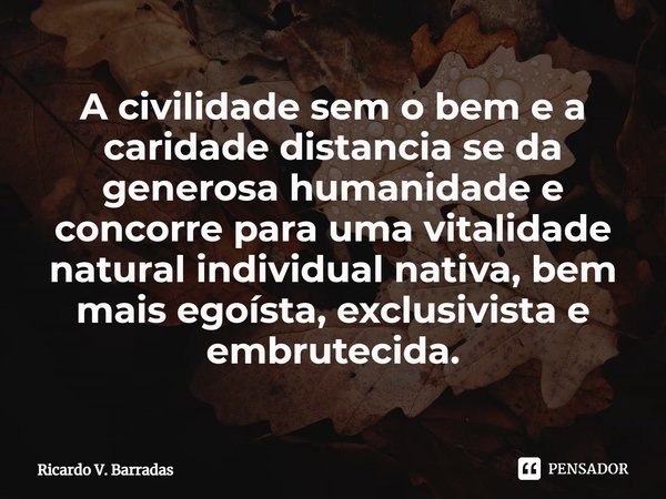 ⁠A civilidade sem o bem e a caridade distancia se da generosa humanidade e concorre para uma vitalidade natural individual nativa, bem mais egoísta, exclusivist... Frase de Ricardo V. Barradas.
