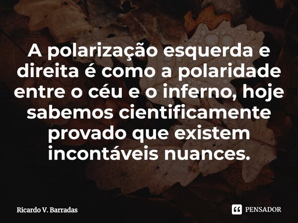 ⁠A polarização esquerda e direita é como a polaridade entre o céu e o inferno, hoje sabemos cientificamente provado que existem incontáveis nuances.... Frase de Ricardo V. Barradas.