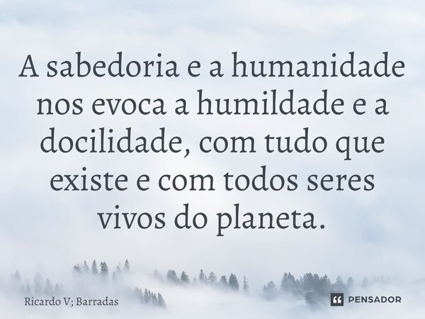 ⁠A sabedoria e a humanidade nos evoca a humildade e a docilidade, com tudo que existe e com todos seres vivos do planeta.... Frase de Ricardo V; Barradas.