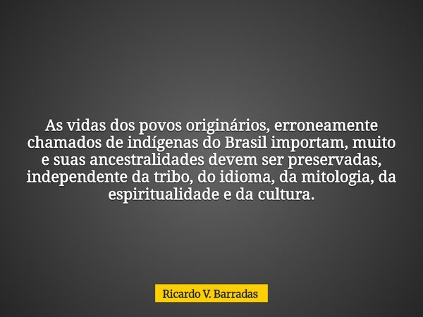 As vidas dos povos originários, erroneamente chamados de indígenas do Brasil importam, muito e suas ancestralidades devem ser preservadas, independente da tribo... Frase de Ricardo V. Barradas.