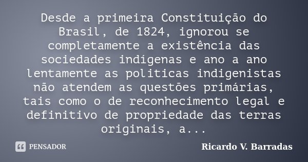 Desde a primeira Constituição do Brasil, de 1824, ignorou se completamente a existência das sociedades indígenas e ano a ano lentamente as politicas indigenista... Frase de RICARDO V. BARRADAS.