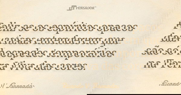 Feliz se os espíritos opacos das coisas entenderem que são só hospedes temporários na Terra Viva das cores.... Frase de RICARDO V. BARRADAS.