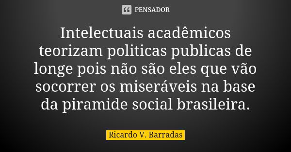 Intelectuais acadêmicos teorizam politicas publicas de longe pois não são eles que vão socorrer os miseráveis na base da piramide social brasileira.... Frase de RICARDO V. BARRADAS.