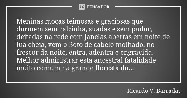 Meninas moças teimosas e graciosas que dormem sem calcinha, suadas e sem pudor, deitadas na rede com janelas abertas em noite de lua cheia, vem o Boto de cabelo... Frase de RICARDO V. BARRADAS.