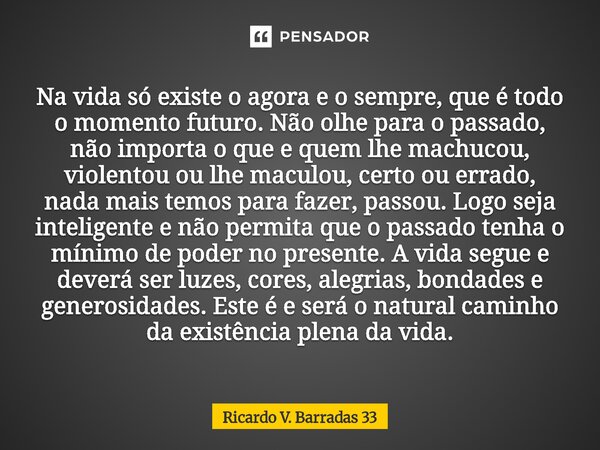 Na vida só existe o agora e o sempre, que é todo o momento futuro. Não olhe para o passado, não importa o que e quem lhe machucou, violentou ou lhe maculou, ce... Frase de RICARDO V. BARRADAS 33.