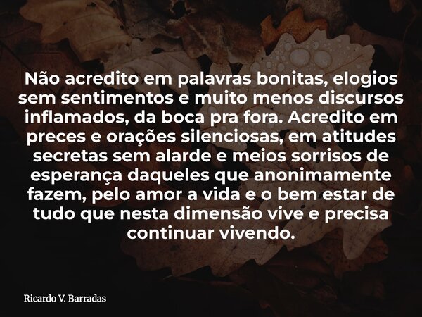 Não acredito em palavras bonitas, elogios sem sentimentos e muito menos discursos inflamados, da boca pra fora. Acredito em preces e orações silenciosas, em ati... Frase de Ricardo V. Barradas.