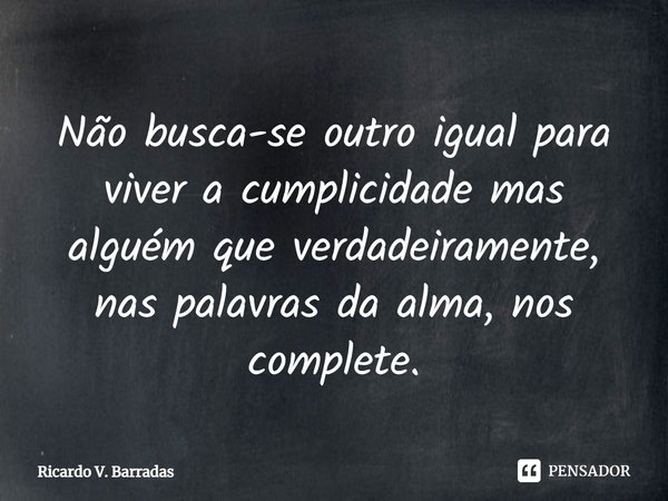 Não busca-se outro igual para viver a cumplicidade, mas alguém que verdadeiramente, nas palavras da alma, nos complete.... Frase de RICARDO V. BARRADAS.