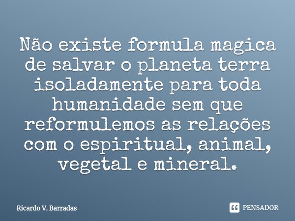 ⁠Não existe formula magica de salvar o planeta terra isoladamente para toda humanidade sem que reformulemos as relações com o espiritual, animal, vegetal e mine... Frase de Ricardo V. Barradas.