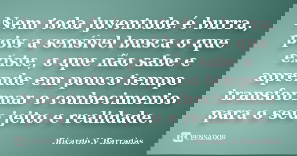 Nem toda juventude é burra, pois a sensível busca o que existe, o que não sabe e aprende em pouco tempo transformar o conhecimento para o seu jeito e realidade.... Frase de RICARDO V. BARRADAS.