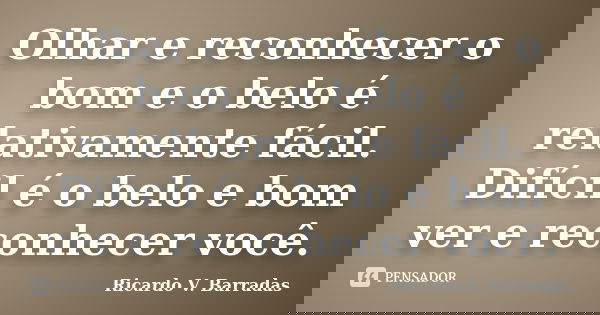 Olhar e reconhecer o bom e o belo é relativamente fácil. Difícil é o belo e bom ver e reconhecer você.... Frase de RICARDO V. BARRADAS.