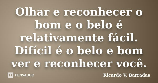 Olhar e reconhecer o bom e o belo é relativamente fácil. Difícil é o belo e bom ver e reconhecer você.... Frase de RICARDO V. BARRADAS.