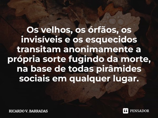 ⁠Os velhos, os órfãos, os invisíveis e os esquecidos transitam anonimamente a própria sorte fugindo da morte, na base de todas pirâmides sociais em qualquer lug... Frase de Ricardo V. Barradas.