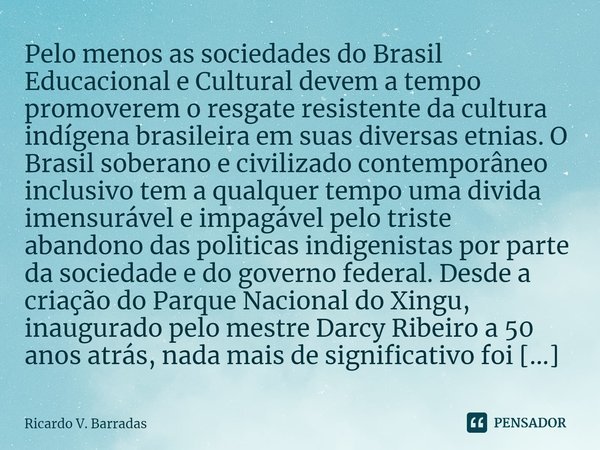 ⁠Pelo menos as sociedades do Brasil Educacional e Cultural devem a tempo promoverem o resgate resistente da cultura indígena brasileira em suas diversas etnias.... Frase de Ricardo V. Barradas.