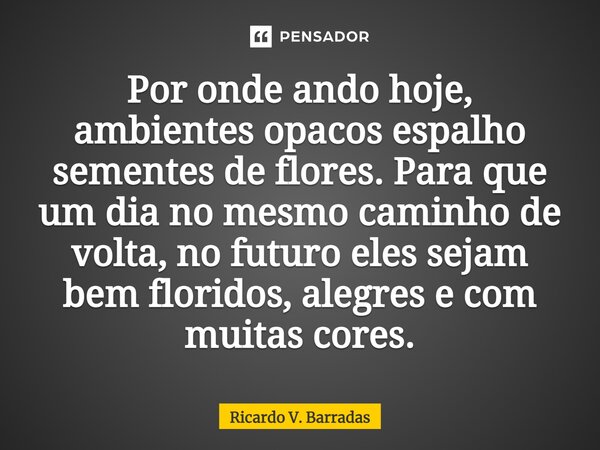 ⁠Por onde ando hoje, ambientes opacos espalho sementes de flores. Para que um dia no mesmo caminho de volta, no futuro eles sejam bem floridos, alegres e com mu... Frase de Ricardo V. Barradas.