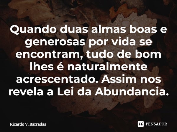 ⁠Quando duas almas boas e generosas por vida se encontram, tudo de bom lhes é naturalmente acrescentado. Assim nos revela a Lei da Abundancia.... Frase de Ricardo V. Barradas.