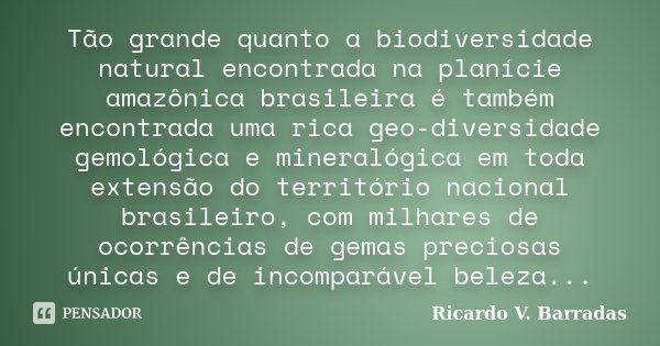 Tão grande quanto a biodiversidade natural encontrada na planície amazônica brasileira é também encontrada uma rica geo-diversidade gemológica e mineralógica em... Frase de Ricardo V. Barradas.