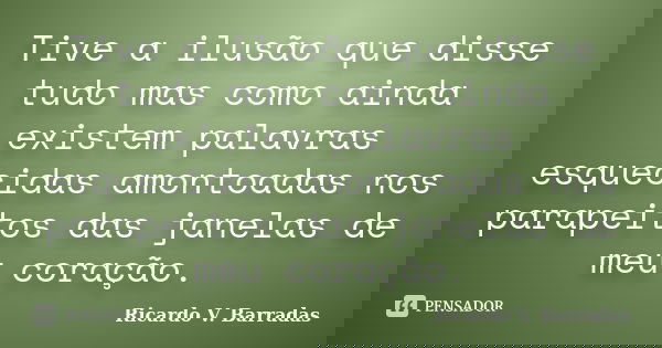 Tive a ilusão que disse tudo mas como ainda existem palavras esquecidas amontoadas nos parapeitos das janelas de meu coração.... Frase de RICARDO V. BARRADAS.