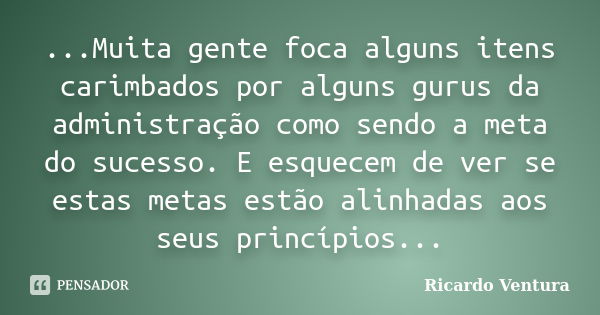 ...Muita gente foca alguns itens carimbados por alguns gurus da administração como sendo a meta do sucesso. E esquecem de ver se estas metas estão alinhadas aos... Frase de Ricardo Ventura.