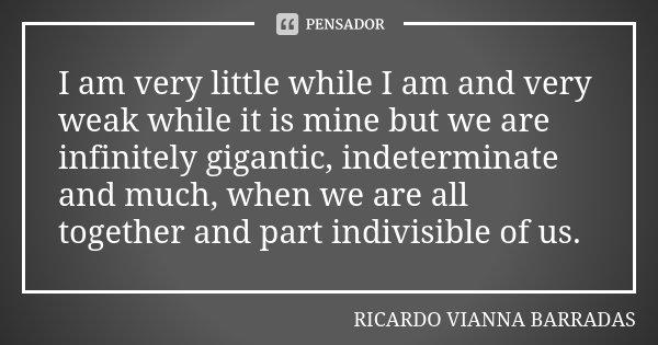 I am very little while I am and very weak while it is mine but we are infinitely gigantic, indeterminate and much, when we are all together and part indivisible... Frase de RICARDO VIANNA BARRADAS.