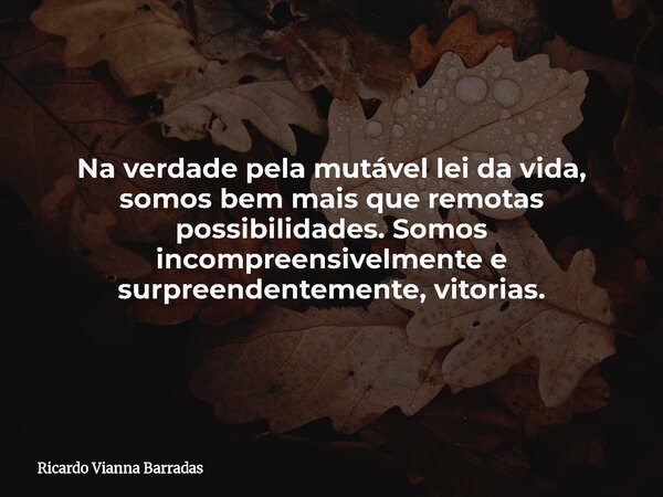 Na verdade pela mutável lei da vida, somos bem mais que remotas possibilidades. Somos incompreensivelmente e surpreendentemente, vitorias.... Frase de Ricardo Vianna Barradas.
