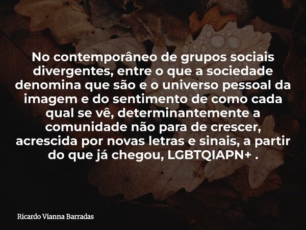 No contemporâneo de grupos sociais divergentes, entre o que a sociedade denomina que são e o universo pessoal da imagem e do sentimento de como cada qual se vê,... Frase de Ricardo Vianna Barradas.