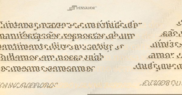 O intenso prazer e a mórbida dor são manifestações respostas de um único sentimento livre ou cativo, o amor. Colhemos em nossa vida tudo que nos mesmo semeamos.... Frase de RICARDO VIANNA BARRADAS.