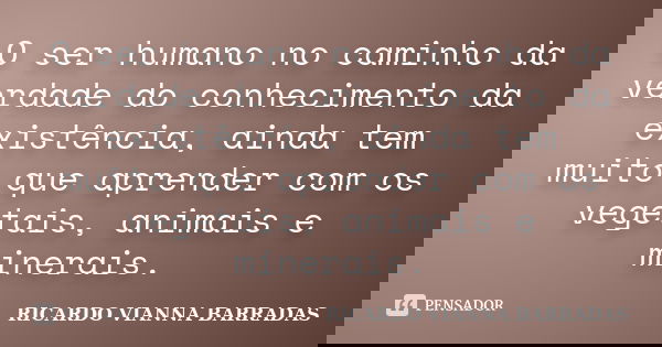 O ser humano no caminho da verdade do conhecimento da existência, ainda tem muito que aprender com os vegetais, animais e minerais.... Frase de Ricardo Vianna Barradas.