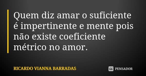 Quem diz amar o suficiente é impertinente e mente pois não existe coeficiente métrico no amor.... Frase de Ricardo Vianna Barradas.