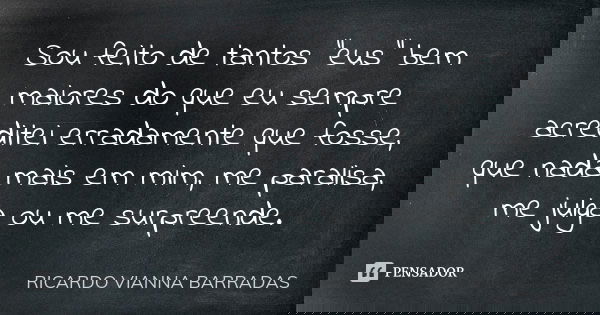 Sou feito de tantos "eus" bem maiores do que eu sempre acreditei erradamente que fosse, que nada mais em mim, me paralisa, me julga ou me surpreende.... Frase de Ricardo Vianna Barradas.