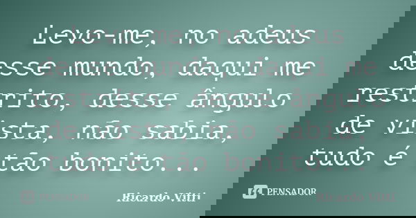 Levo-me, no adeus desse mundo, daqui me restrito, desse ângulo de vista, não sabia, tudo é tão bonito...... Frase de Ricardo Vitti.