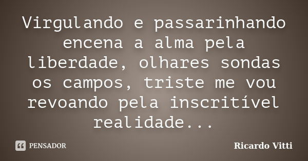 Virgulando e passarinhando encena a alma pela liberdade, olhares sondas os campos, triste me vou revoando pela inscritível realidade...... Frase de Ricardo Vitti.