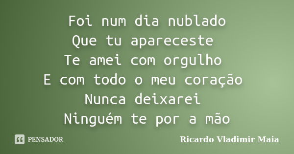 Foi num dia nublado Que tu apareceste Te amei com orgulho E com todo o meu coração Nunca deixarei Ninguém te por a mão... Frase de Ricardo Vladimir Maia.