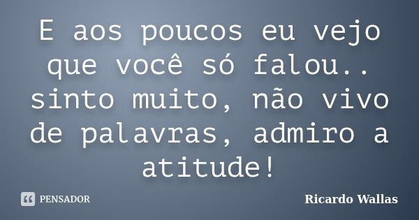 E aos poucos eu vejo que você só falou.. sinto muito, não vivo de palavras, admiro a atitude!... Frase de Ricardo Wallas.