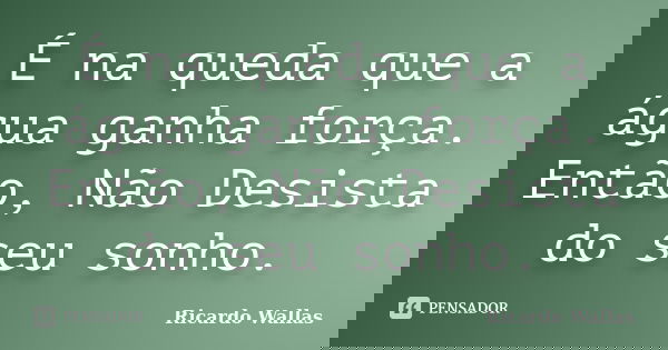 É na queda que a água ganha força. Então, Não Desista do seu sonho.... Frase de Ricardo Wallas.