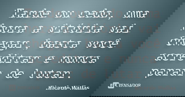 Tarde ou cedo, uma hora a vitória vai chegar, basta você acreditar e nunca parar de lutar.... Frase de Ricardo Wallas.
