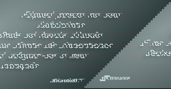 Fiquei prezo no seu labirinto Onde só havia ilusão E na sua fonte de incertezas Deixei afogar-se o meu coração... Frase de RicardoRC7.