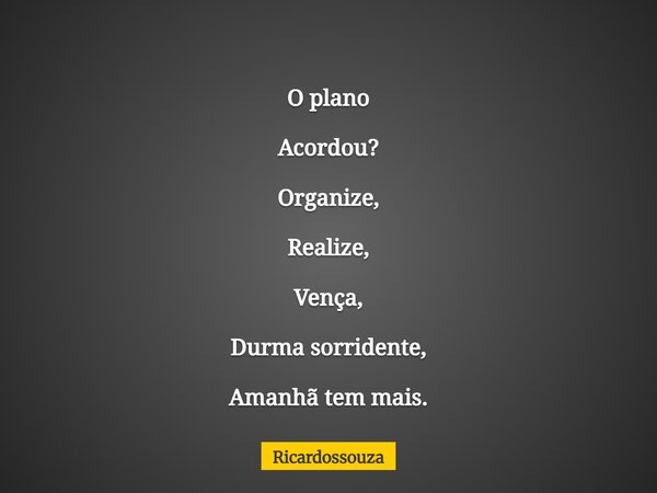 O plano Acordou? Organize, Realize, Vença, Durma sorridente, Amanhã tem mais.... Frase de Ricardossouza.