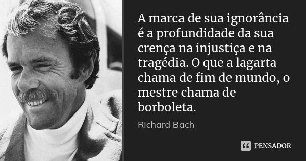 A marca de sua ignorância é a profundidade da sua crença na injustiça e na tragédia. O que a lagarta chama de fim de mundo, o mestre chama de borboleta.... Frase de Richard Bach.