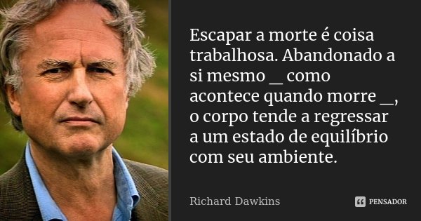 Escapar a morte é coisa trabalhosa. Abandonado a si mesmo _ como acontece quando morre _, o corpo tende a regressar a um estado de equilíbrio com seu ambiente.... Frase de Richard Dawkins.