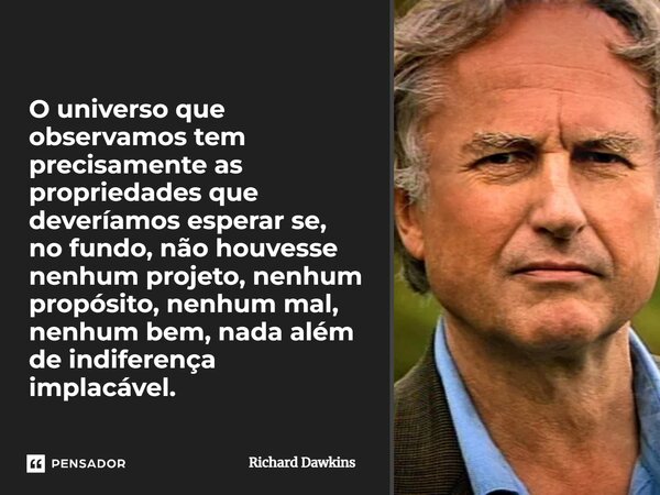 ⁠O universo que observamos tem precisamente as propriedades que deveríamos esperar se, no fundo, não houvesse nenhum projeto, nenhum propósito, nenhum mal, nenh... Frase de Richard Dawkins.