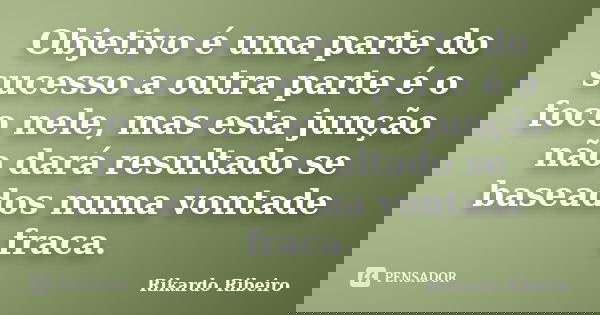 Objetivo é uma parte do sucesso a outra parte é o foco nele, mas esta junção não dará resultado se baseados numa vontade fraca.... Frase de Rikardo Ribeiro.